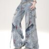 Spray Paint Print Blue Low Rise Zipper Details Distressed Wide-leg Jeans